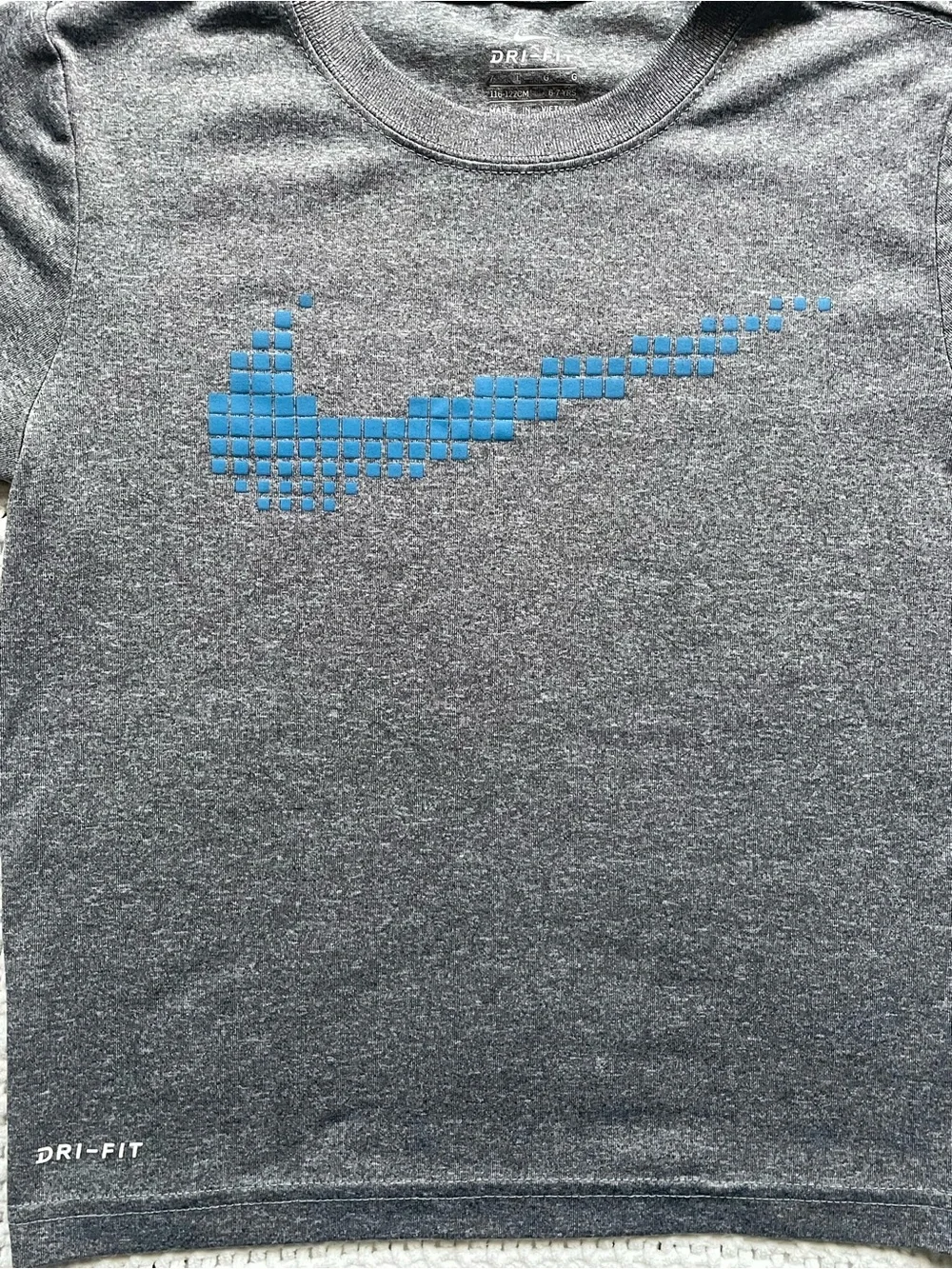 Nike Gray Tee with Blue Pixel Swoosh & Navy Patterned Shorts